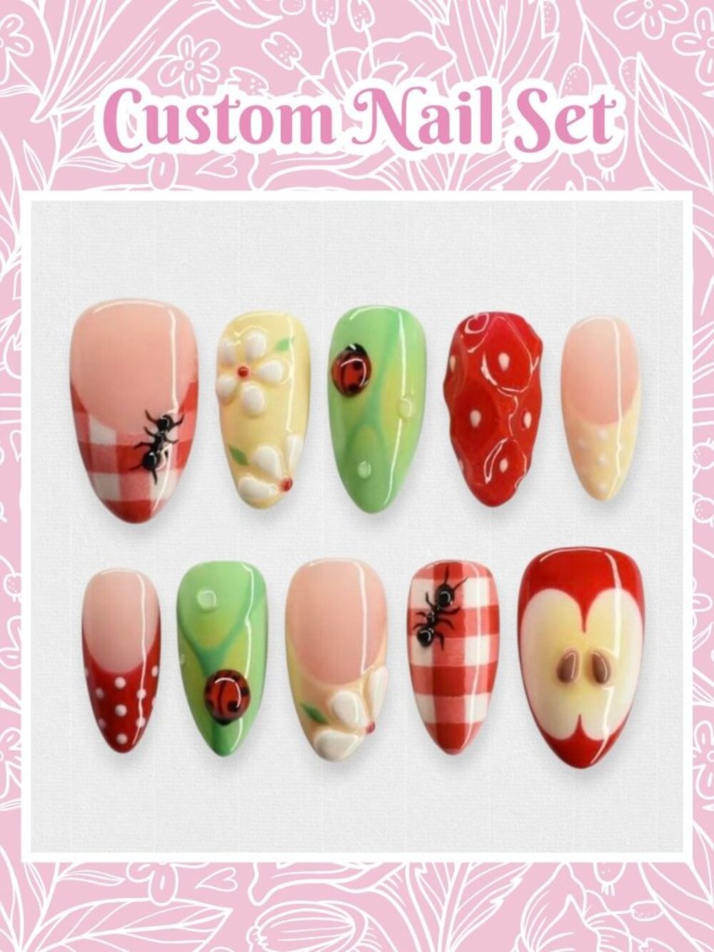 Gingham Garden Custom Reusable Press-On Nails (Made to Order)